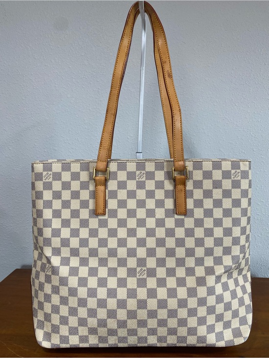 Handbags - Beige Check Canvas Tote with Tan Leather Straps